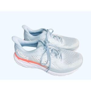 Hoka One Men’s Clifton 8 Running Shoes 10B Light Blue with Orange Trim